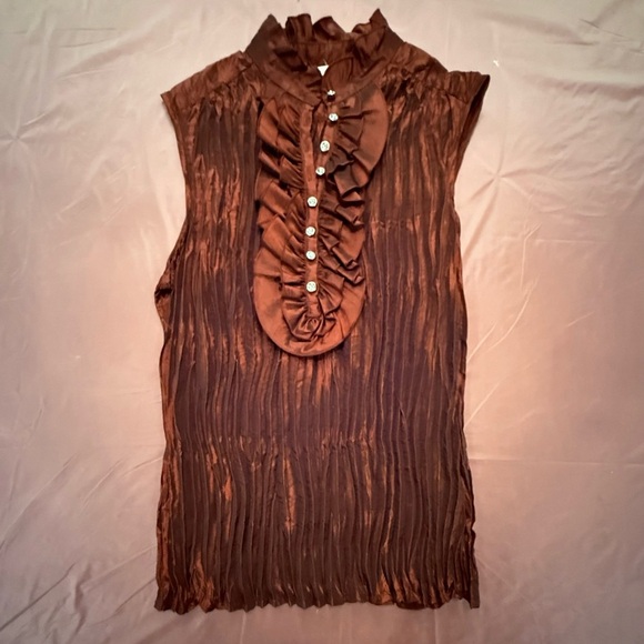 Jaipur Brown Sleeveless Ruched Blouse W/ Rhinestone Buttons Size Medium - Picture 3 of 9
